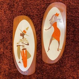 MCM 60s Belart Co Teak Wood Plaque Art Set of 2 Popcorn Texture Dancer Drummer